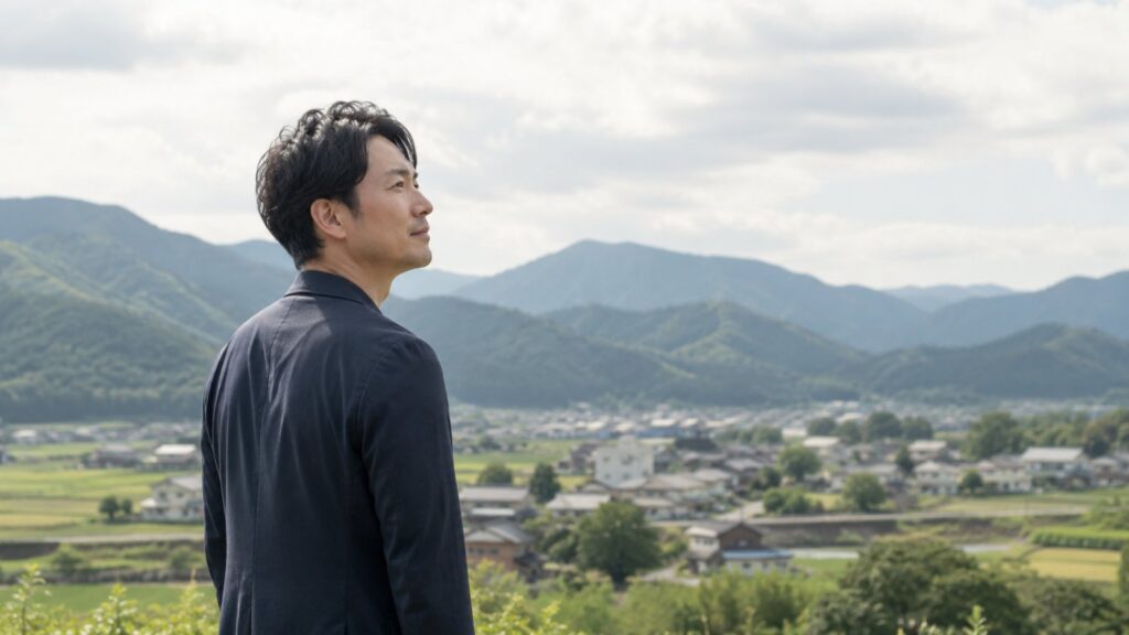 地方の町並みを背に前を見て立つ男性