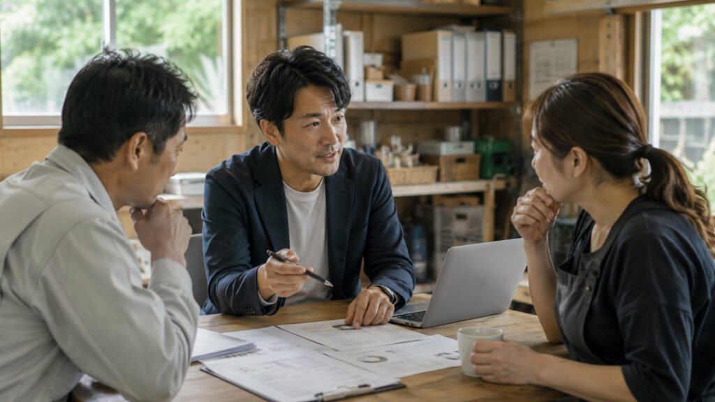 地方の事務所で地元の人と資料を見ながら話し合う様子
