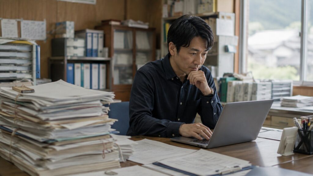 書類が積まれた事務所でノートパソコンを使い業務を整理する様子