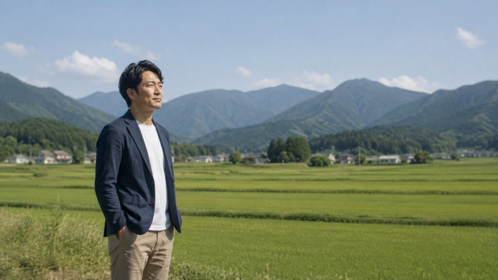 田園風景の中に一人で立つ男性