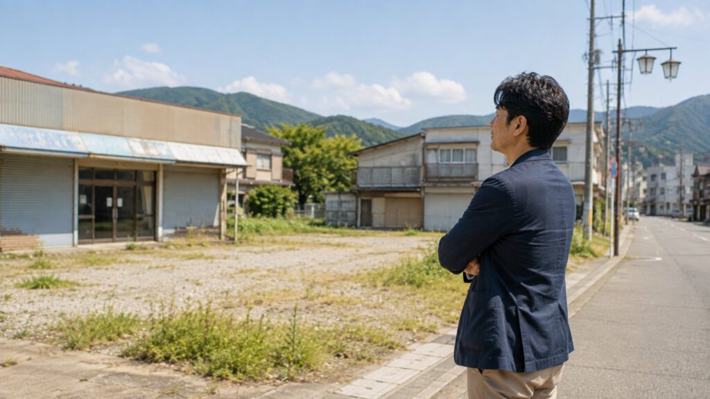 地方の空き地と街並みを眺める男性