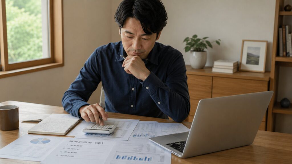 机で電卓と書類を広げ事業計画と資金計画を検討する様子